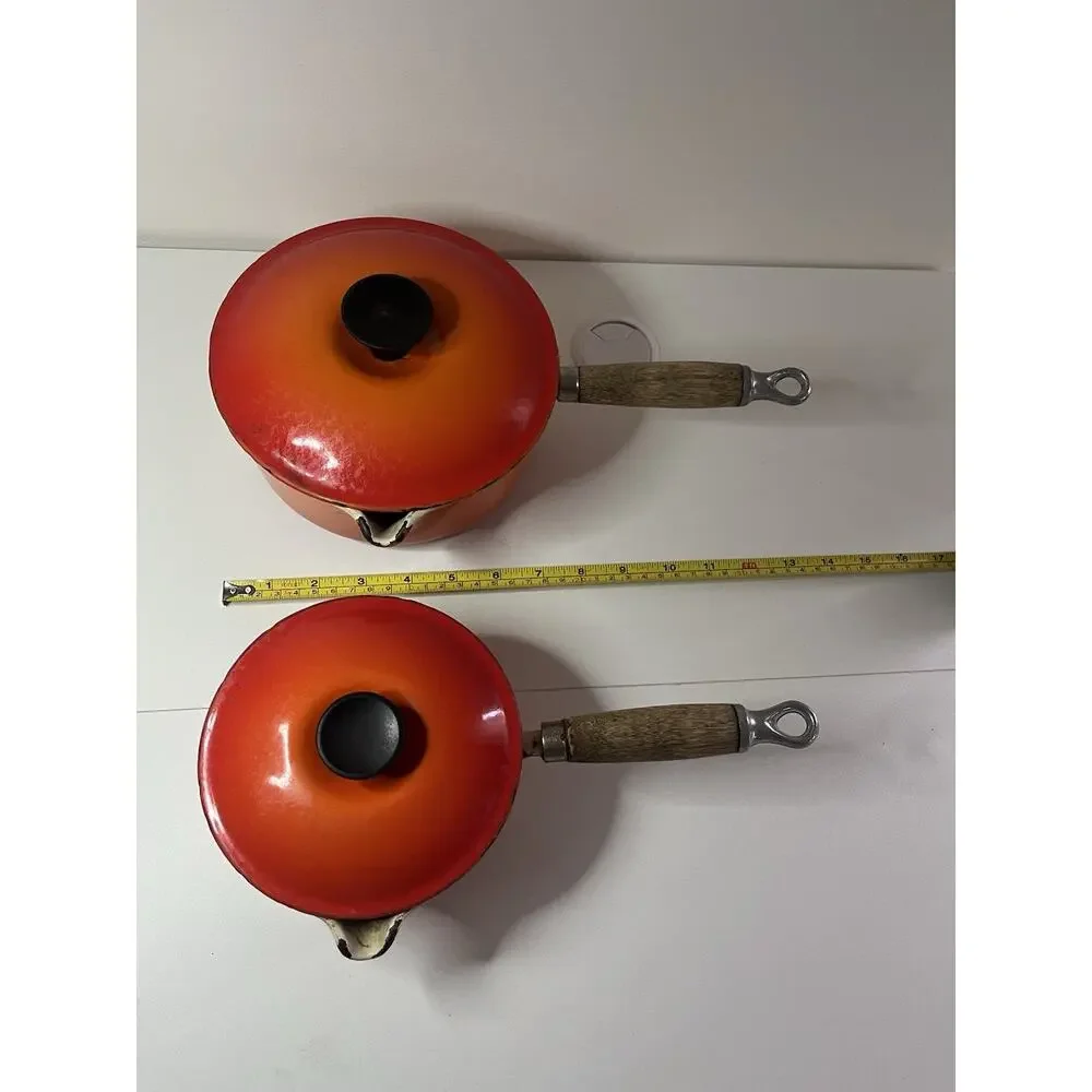 Lot of 4 Vintage LE CREUSET Pots Pans Flame Orange Wood Handle With 2 Lids USED